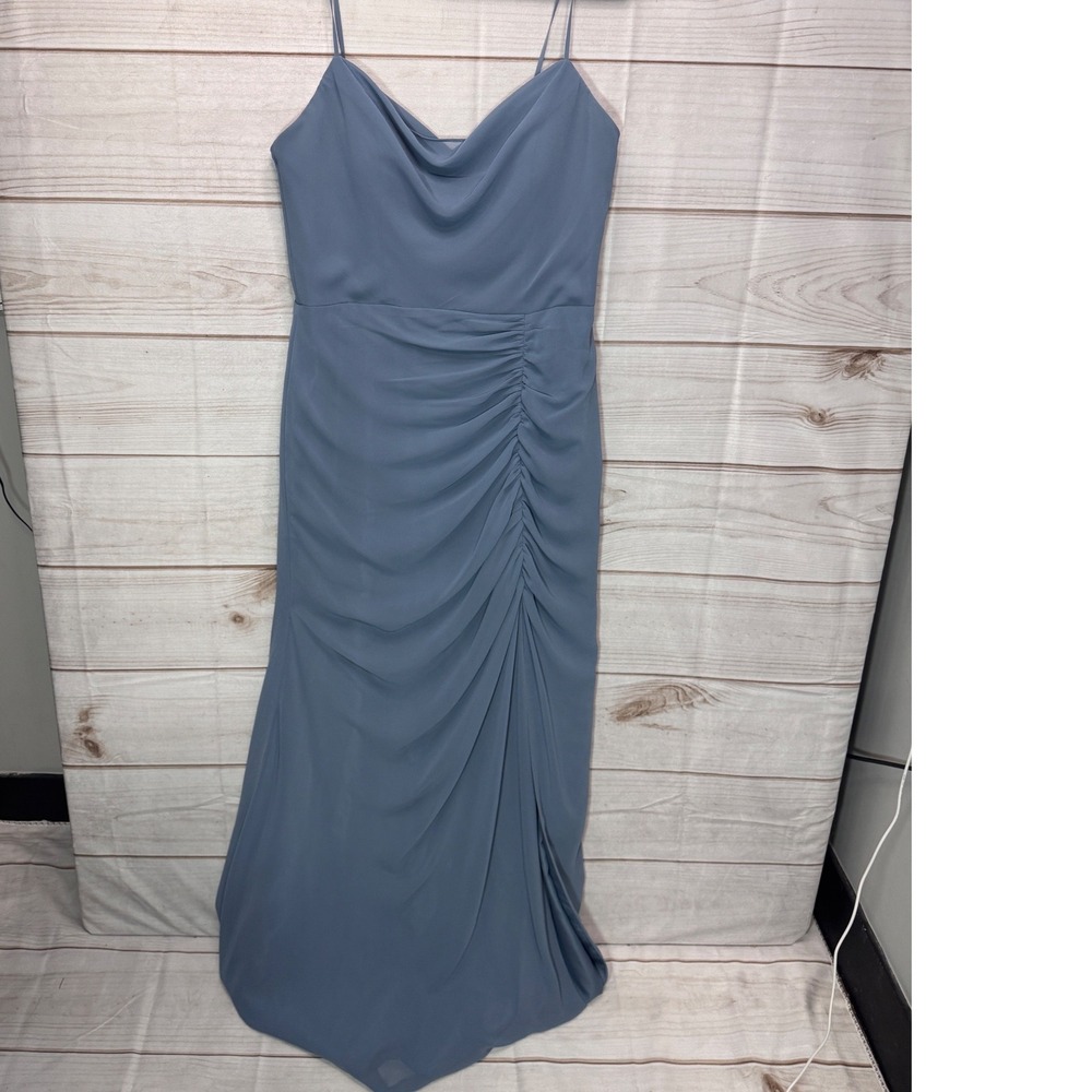Hayley Paige Occasions 52204 Steel Blue Chiffon Ruched Gown Dress 12 NWT Formal